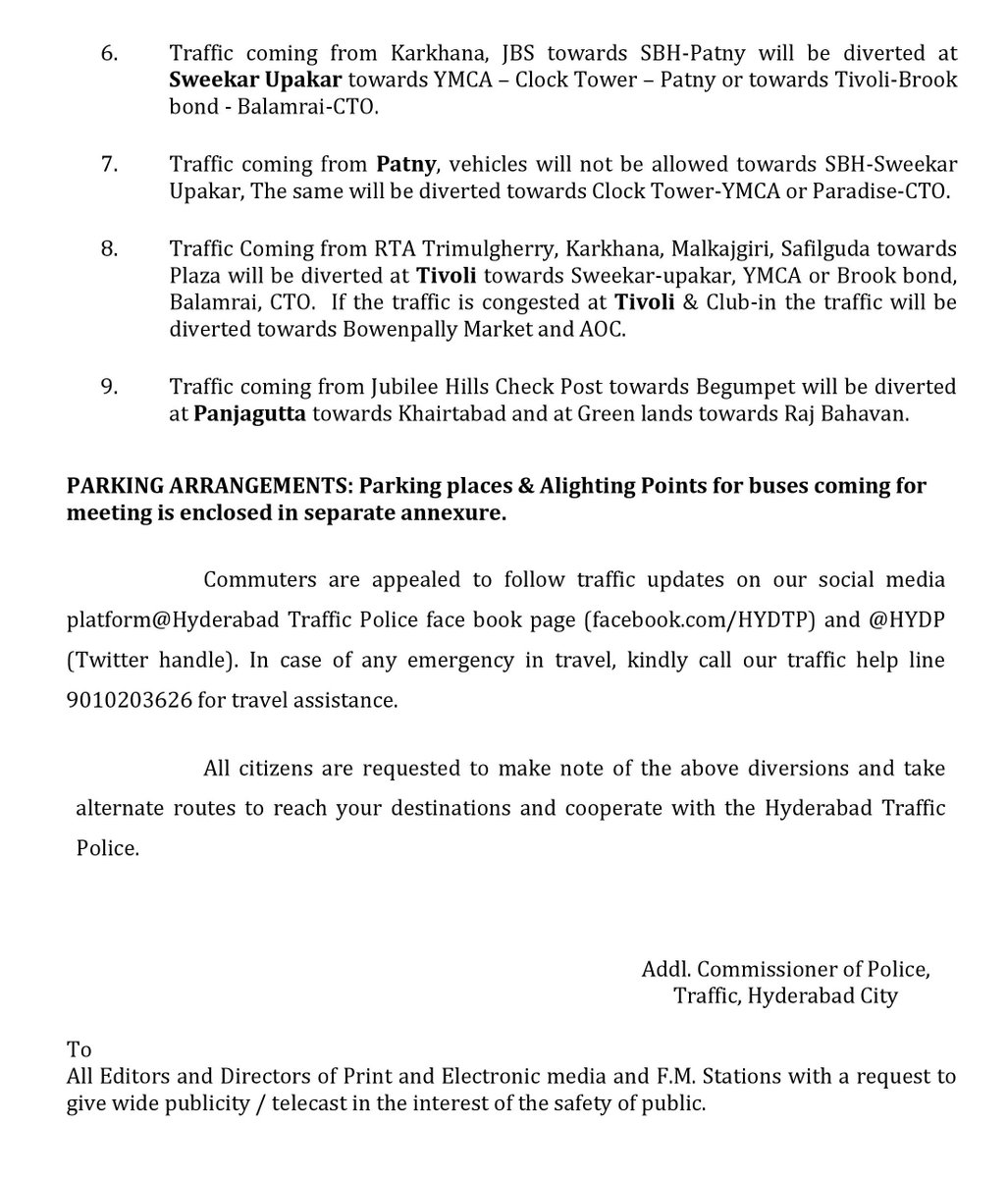 #HYDTPinfo #TrafficAlert 
Commuters, please make a note of #TrafficAdvisory in connection with the Public meeting by HON’BLE UNION MINISTER OF HOME AFFAIRS at Parade Grounds, Sec-bad on 05-05-2024 from 1700 hrs to 2100 hrs.
#TrafficRestrictions #Diversions