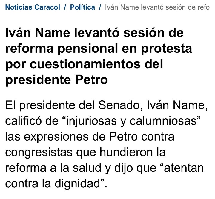 Entonces Iván Name recibió 3000 millones de pesos del presidente Gustavo Petro como dice la derecha para hundir la Reforma a la Salud, y levantar las sesión de la Reforma Pensional, no me crean tan huevón.