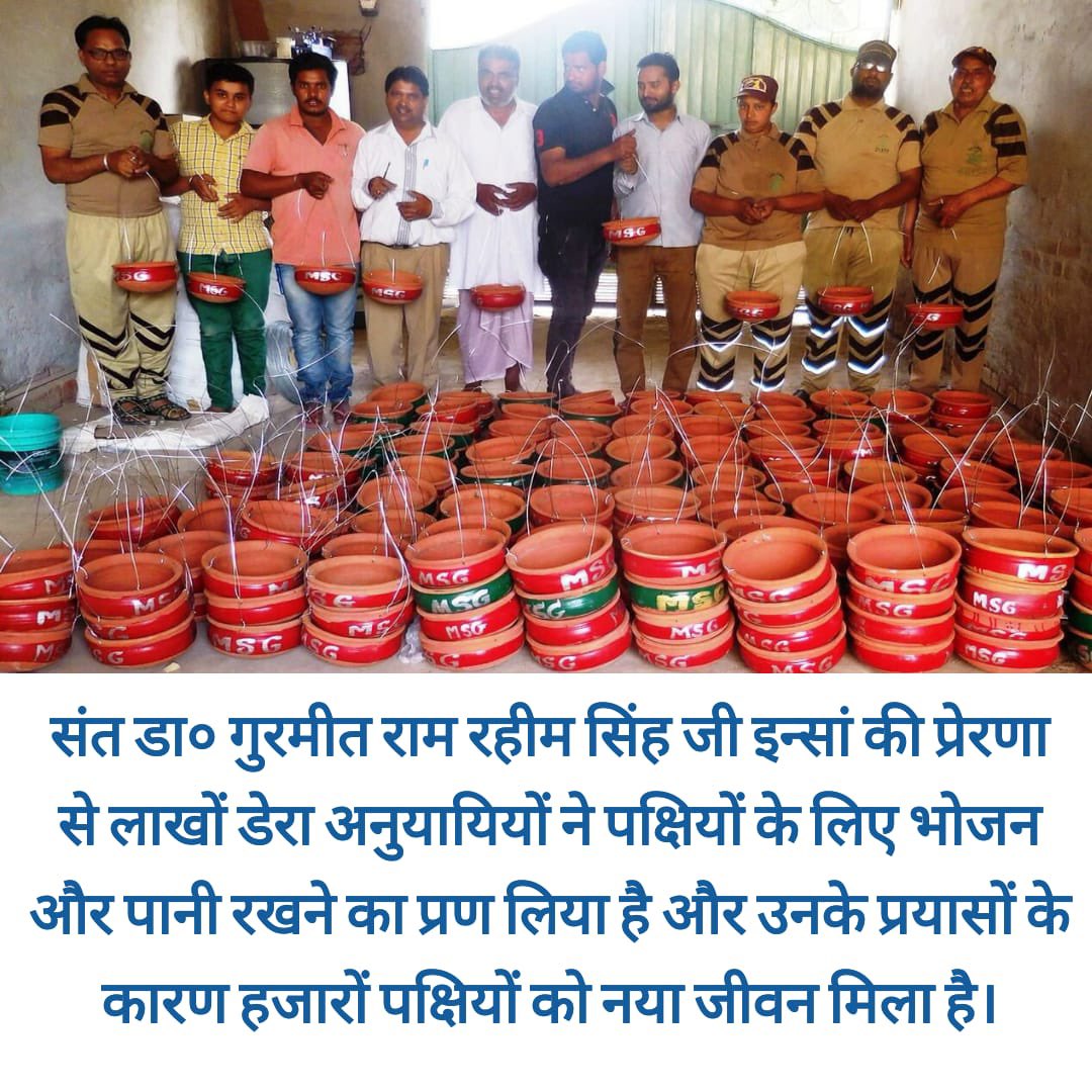 Many birds die due to heat and hunger. Following the inspiration of Saint Ram Rahim Ji, the followers of Dera Sacha Sauda keep pots of grains and water for birds on their roofs and public places under the #BirdsNurturing campaign to save birds.