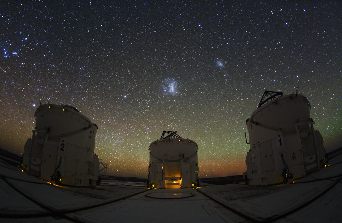 Despite their resemblance to R2D2, these three are not the droids you're looking for. Instead, the enclosures house 1.8 meter Auxiliary Telescopes (ATs) at Paranal Observatory in the Atacama Desert region of Chile. The ATs are designed to be used for interferometry, a technique