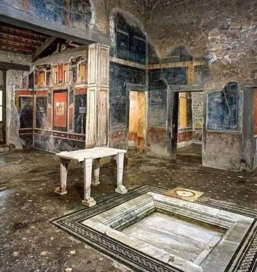 The house of Marcus Lucretius Fronto from Regio V Pompeii. This photo was taken when the new era of digging began in 2018. It's stunning use of blacks and yellows in the frescoes, the mosaics and marblework place it in Category 3 and 4 Styles, the highest level of Roman artistic…