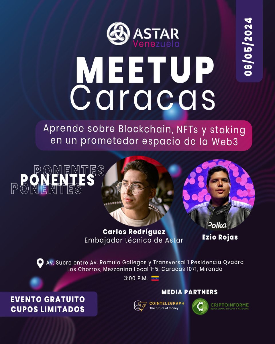 ¡Nos vemos mañana Caracas! 🇻🇪

Vamos con el meetup de @AstarNetwork a la capital venezolana para hablar de Blockchain, Staking, NFTs y mucho más.

¡Los esperamos! 

lu.ma/astar-caracas