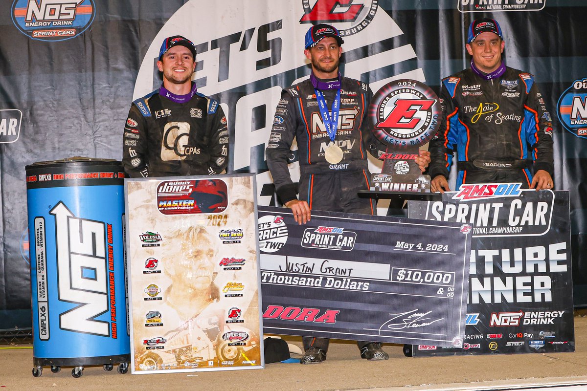 Big Dogs at The Big E! 👏 Three USAC national champs took over the podium of tonight's USAC @AMSOILINC National Sprint Car feature at @EldoraSpeedway. Here are your top-3 finishers at #LetsRaceTwo Night ✌️: 🥇 @JustinGrant40 🥈 @Logan_Seavey 🥉 @BradyBacon 📸 @JackReitz5