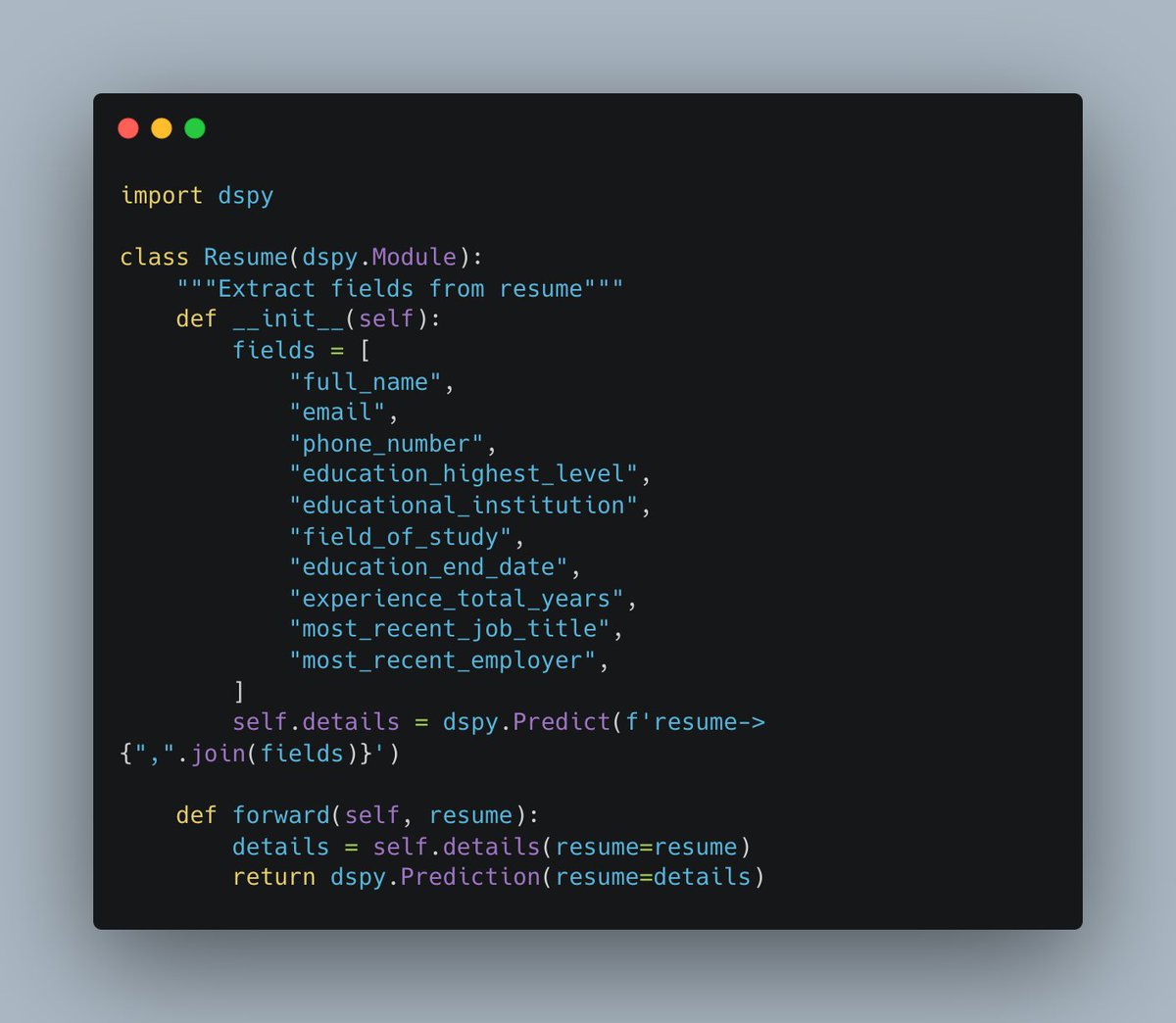 nattaylor's tweet image. The more I use #DSPy the more I see power of not writing prompts.  This simple use of Predict() works impressively well.