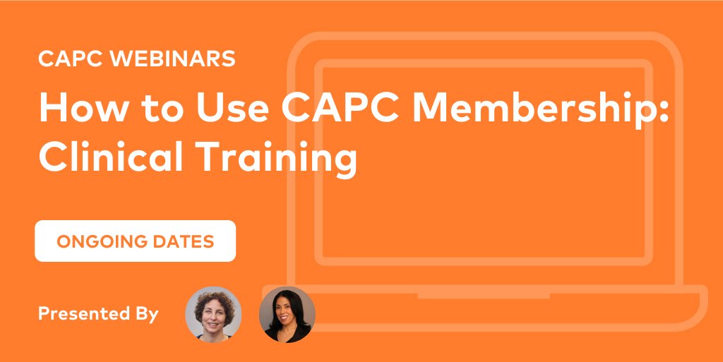 💻 WEBINAR 'How to Use CAPC Membership: Clinical Training' >> ow.ly/UBHU50PwWoY Join our membership team to tour our award-winning, online clinical training. Access training suggestions, and learn how to create, assign + track customized Learning Pathways.