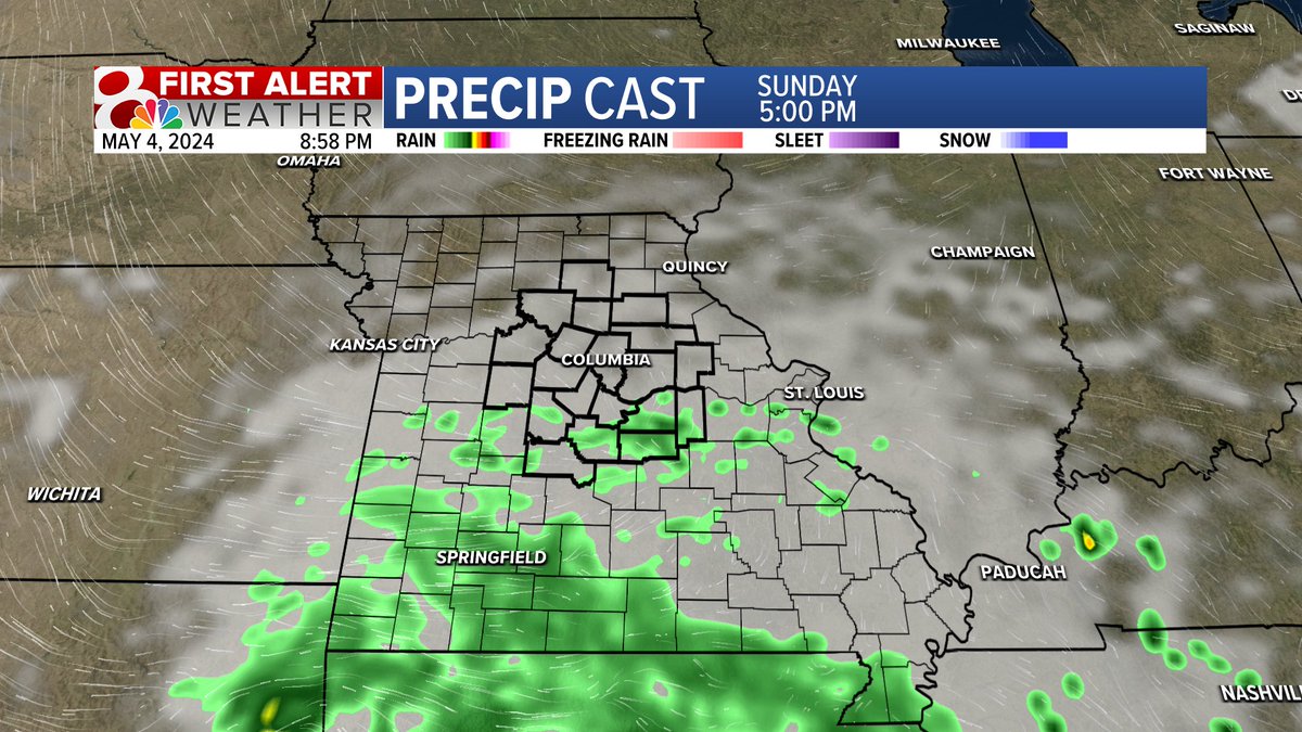 Sunday: We'll see increasing cloud cover through the day with a slight chance of a few showers by the evening, mainly south of I-70. These will fizzle pretty quickly and a lot of us will stay dry. #MidMoWx #MoWx #MidMo