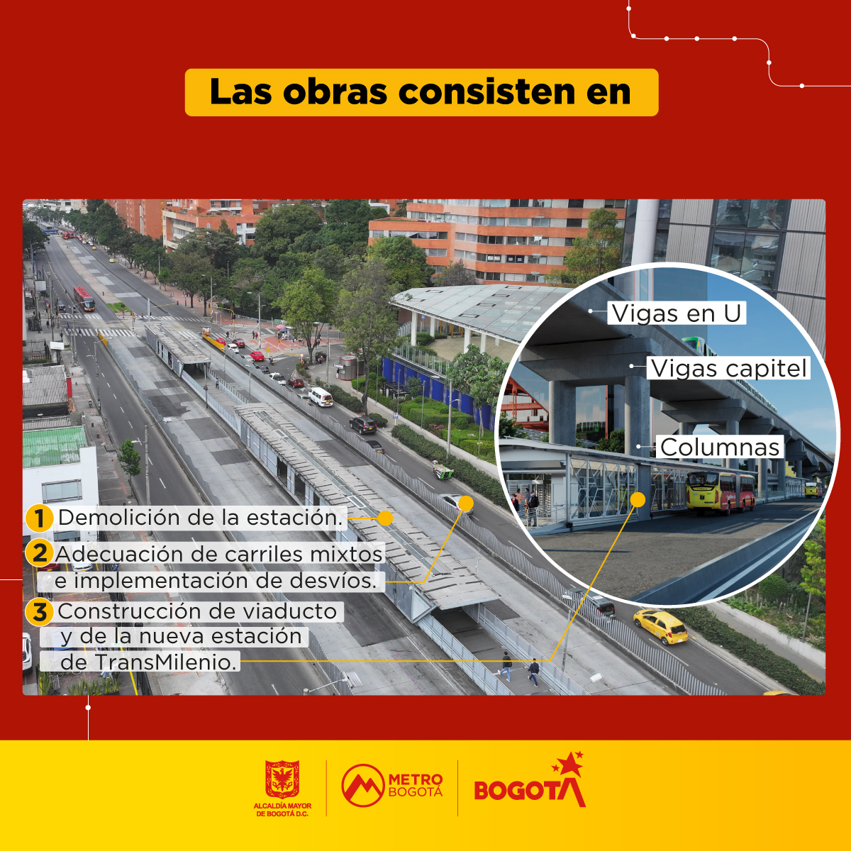 Avanza la construcción del viaducto de la #PLMB 🚝 en la av. Caracas entre las calles 26 y 28 📍. #MetroTeAcompaña en los cierres que se harán del carril oriental en la calzada occidental mixta para cargue y descargue en horario nocturno 🌙 (12:30 a. m. a 03:30 a. m.)