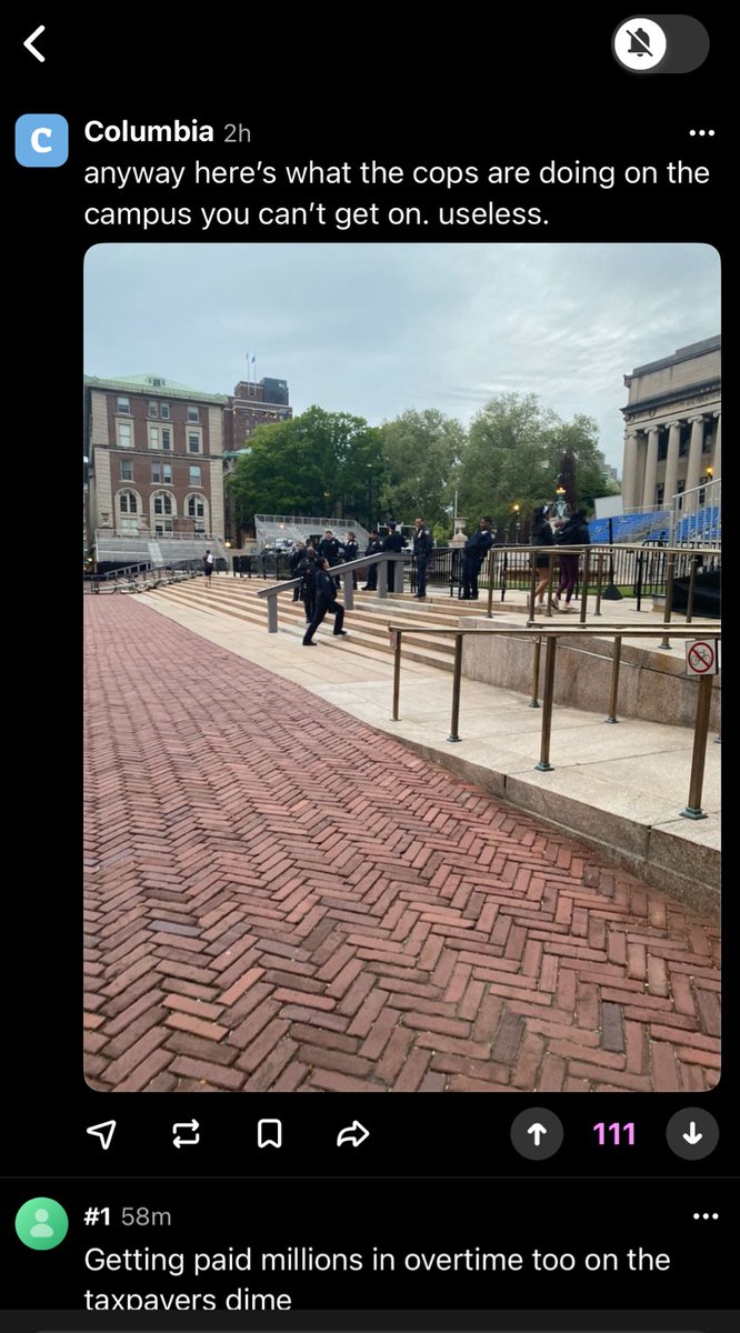 i miss the encampment and going to the library. columbia looks like an nypd base, this is what our tax dollars are going towards. 
nypd officers sitting on low steps and playing candy crush while the students are gone. this is the “campus safety” admin wants.