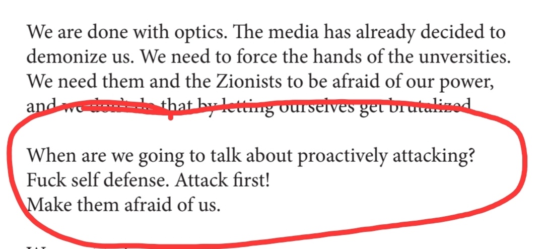 🚨🚨🚨 Breaking: a May 2 document with an organized and direct call to violence by UCLA protestors (it's possible non-students are involved) has come to light. 'When are we going to talk about proactively attacking? F--k self defense. Attack first!' Full document below in 🧵