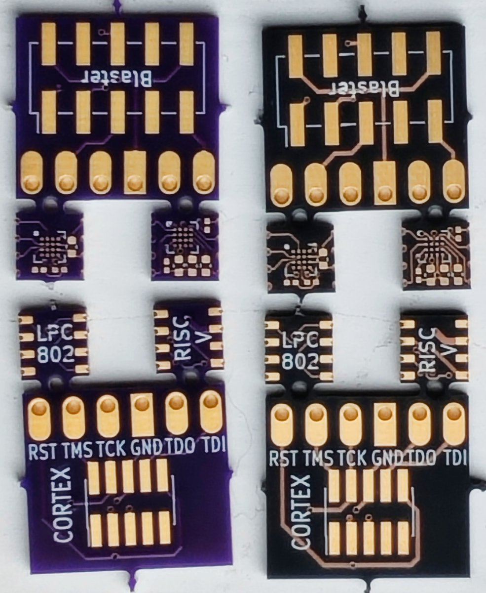 I just received some test boards from @oshpark for my upcoming talk at @crowd_supply Teardown 2024. I ordered the same design in purple and in after dark. The test circuits were so small I had to add another adapter design to meet the minimum size.