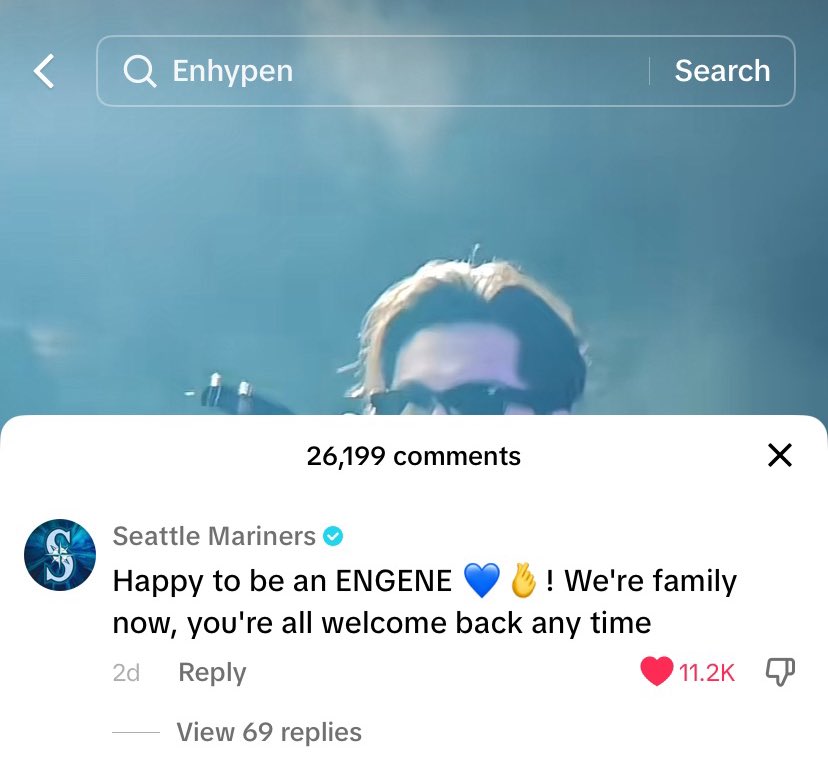 📝— Los mariners seatle dejando comentarios diciendo que ya son engene y que jay ya forma parte de la familia 🥹

💬 (insta) : somos oficialmente engene y tu eres parte de la familia mariners, ven cuando quieras! 🫰💙
💬 (tik tok): Feliz de ser ENGENE💙, ahora somos una familia!