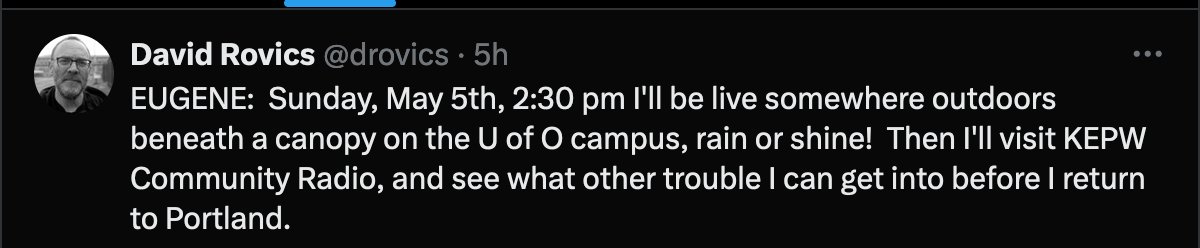 Eugene folks - tomorrow would be a great day to make sure David Rovics has a bad time on the U of O campus
