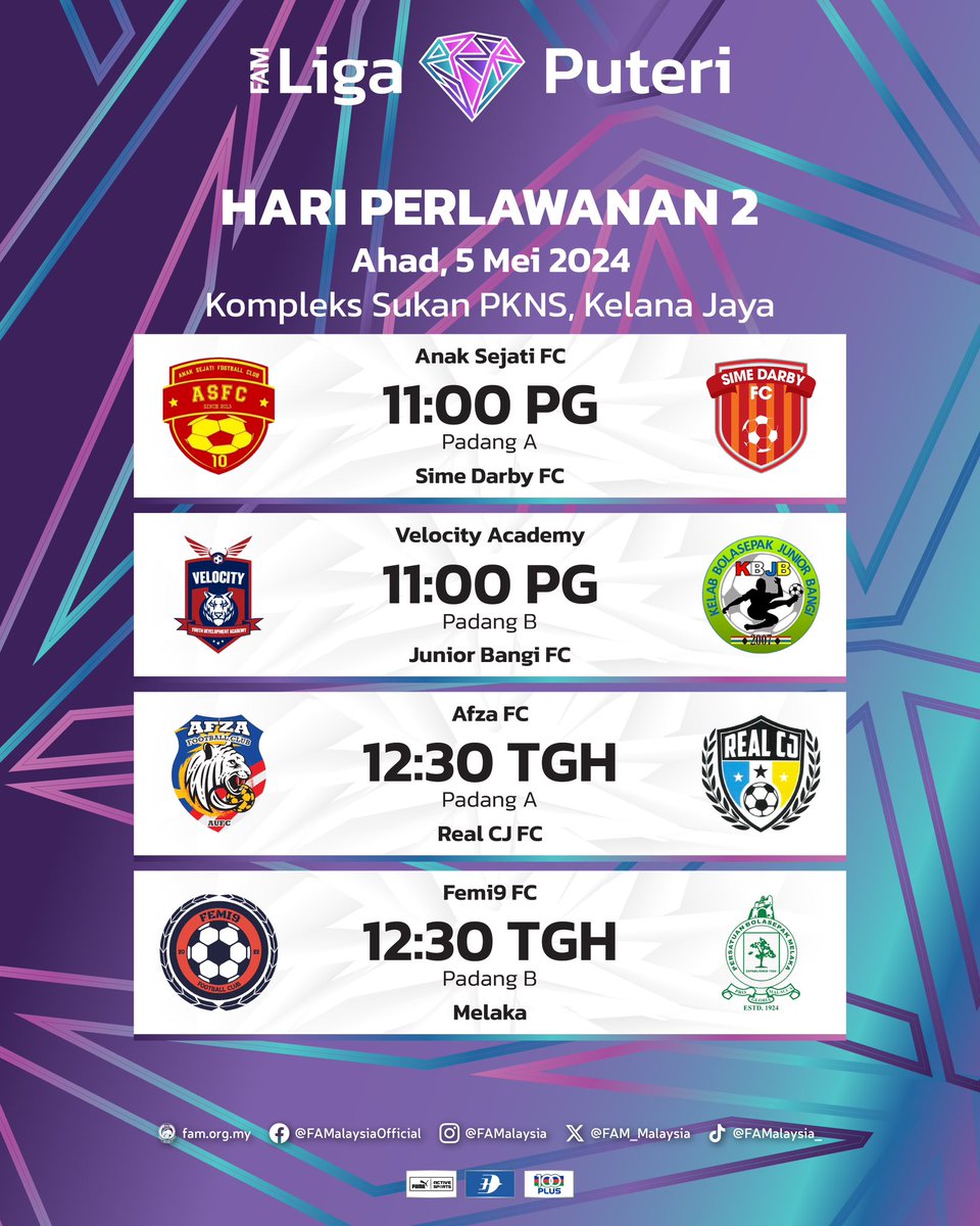 Hari Perlawanan Liga Puteri B-15 FAM 2024 

🗓 Ahad, 5 Mei 2024
🕚 11.00 pagi 🕧 12.30 tengah hari
📍Kompleks Sukan PKNS, Kelana Jaya

#FAM #HarimauMalaya #LigaPuteri2024 #ILeadTheGame
