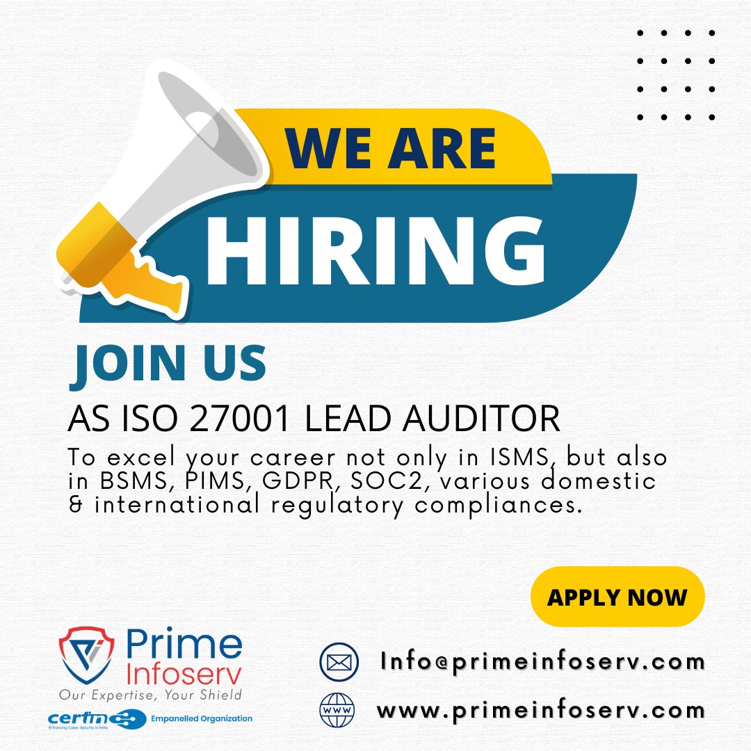 Are you enthusiast on Information Security and wish to Excel your career as an auditor to handle compliances? 

If yes, may not ignore the ongoing openings in Prime Infoserv.

Submit your profile at info@primeinfoserv.com 

#prime #primeinfoserv #isms #cyber #cybersecurity