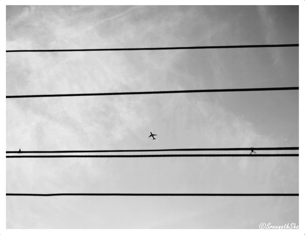 A passenger plane moving past the electric lines below in #Kerala #India #photography #PHOTOS #Aviation #Art #PhotoMode #aviationphotography #photo  #blackandwhitephotography