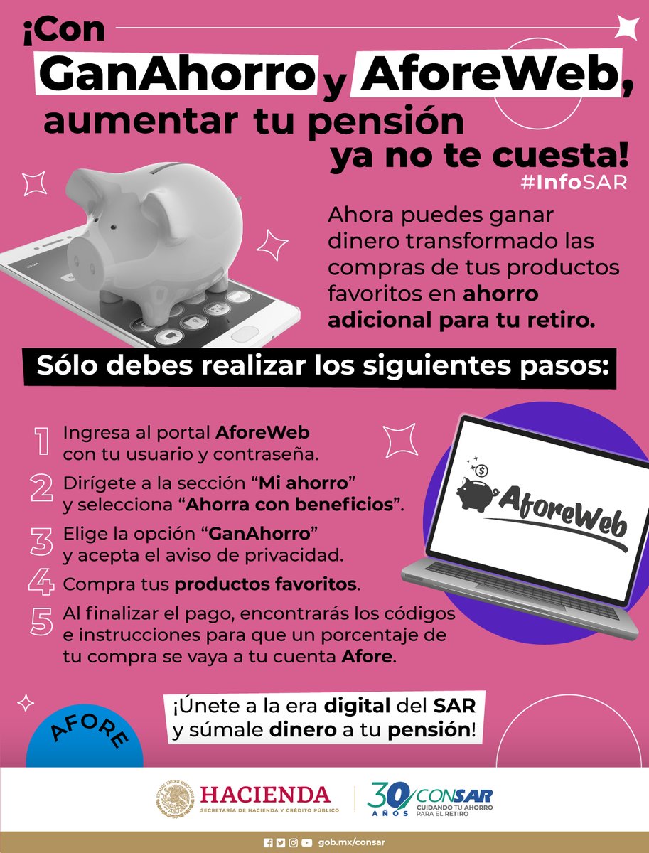 📈 Incrementar el monto de tu pensión es posible mientras compras 🛒 a través de #GanAhorro. Ingresa al portal #AforeWeb 💻y aprovecha este gran beneficio 👉: aforeweb.com.mx

#InfoSAR