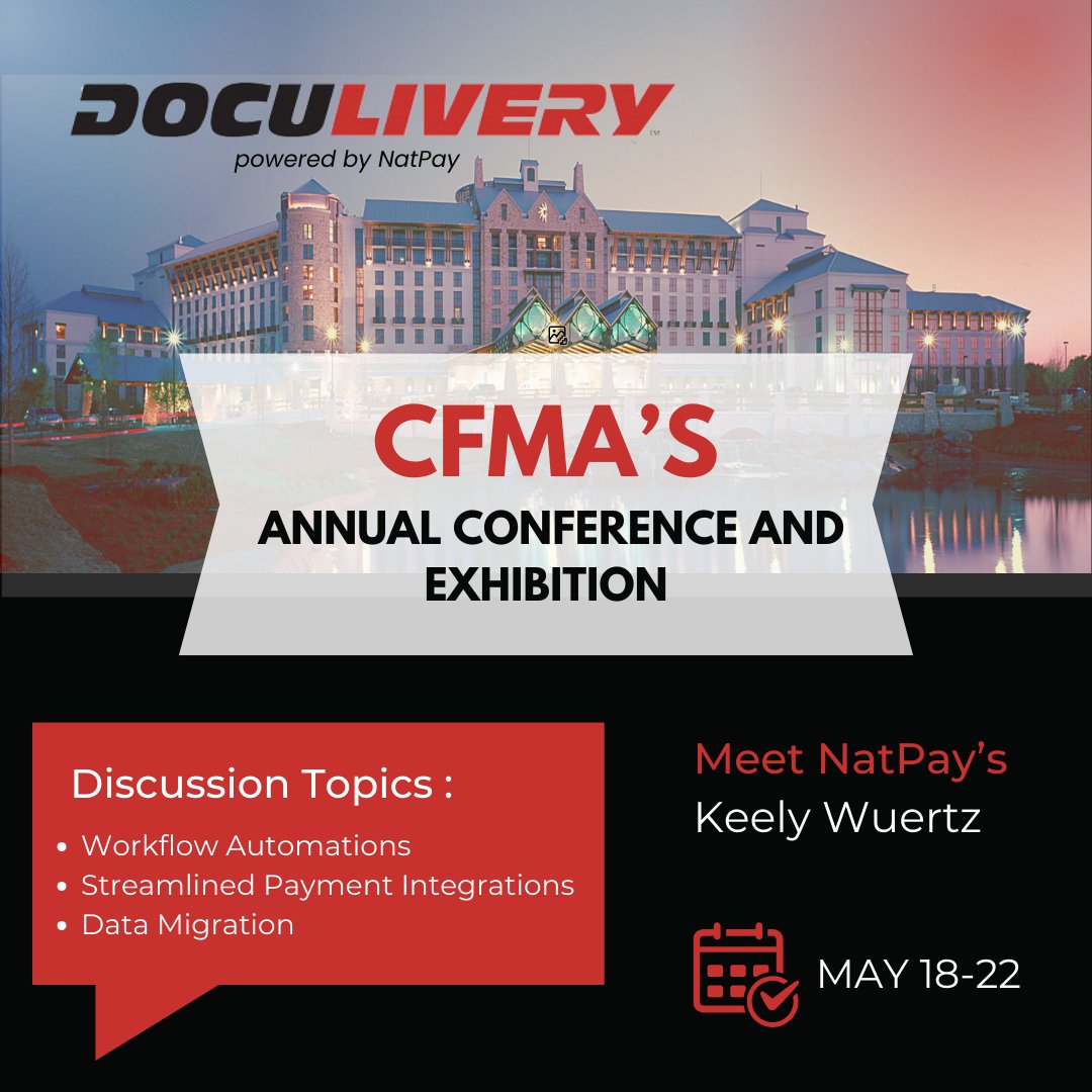 Heading to the CFMA Annual Conference &amp; Exhibition in Texas (May 18-22)? Don't miss NatPay at booth 615! Keely's there to chat about:

• Streamlined payment integrations
• Doc management for payroll (pay stubs/W2), A/R &amp; A/P (PO/invoices/statements)
• Workflow automations