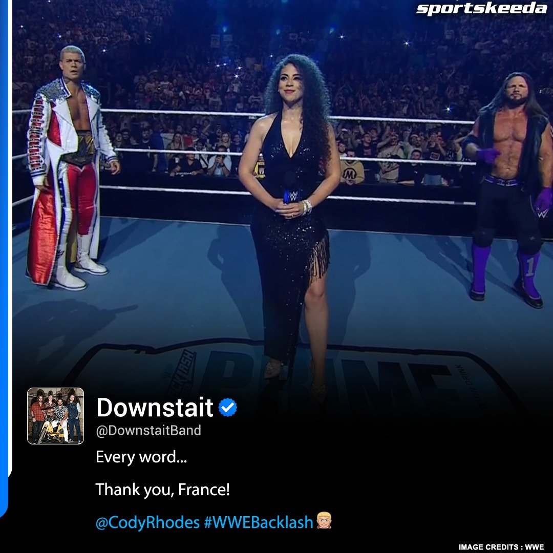 #Downstait band acknowledges The French crowd singing the entirety of KINGDOM! #WWE #WWEBacklash #CodyRhodes @CodyRhodes @DownstaitBand