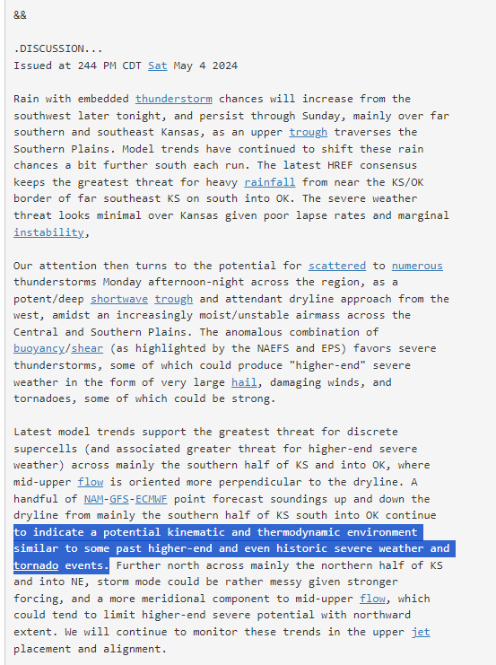 From the NWS Wichita discussion for Monday...

...'to indicate a potential kinematic and thermodynamic environment
similar to some past higher-end and even historic severe weather and
tornado events'...
Link to view: forecast.weather.gov/product.php?si…