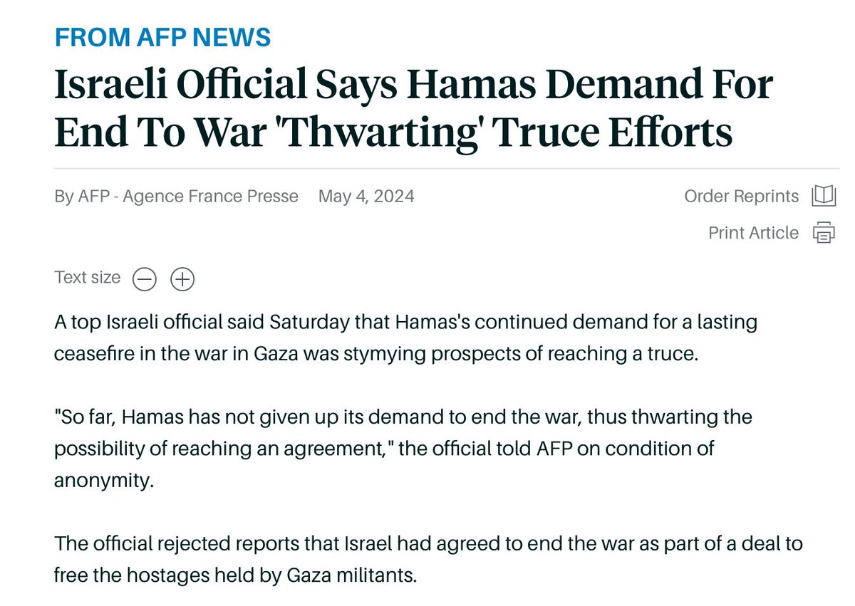 So I think it’s been established that the “official” here is Netanyahu, but I just want to note that another way you could’ve written this headline is “Israeli Demand to Keep Killing Palestinians Thwarting Truce Efforts.”