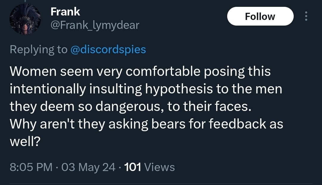 From the people who claim women don't understand the hypothetical, women's lack of fear over being assaulted through Twitter or by men they trust means they aren't sincere in their fear of strange men in the woods.