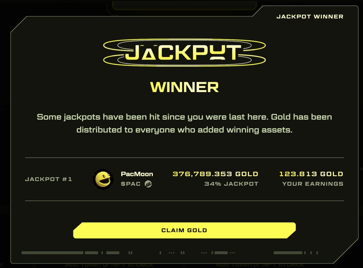 I just won 123.813 Gold by holding @pacmoon_ on Blast! Add tokens and NFTs to your Blast Jackpot deck to win Gold.