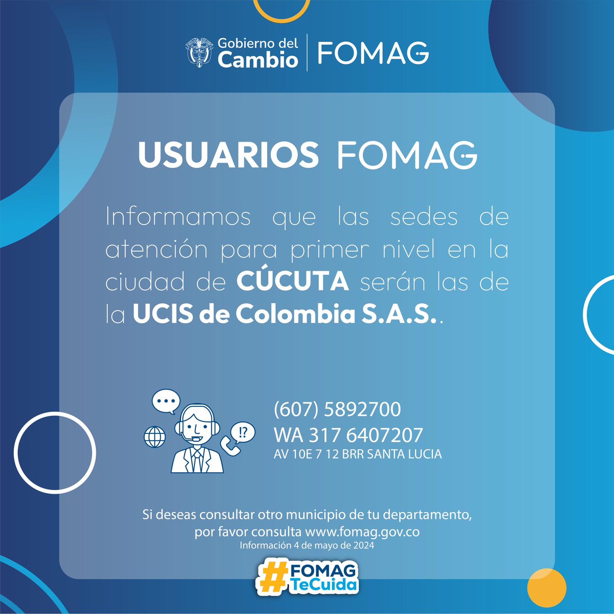 ¡Atención usuarios de FOMAG en Mocoa, Manizales, Florencia, Cúcuta. Ya puedes encontrar tus servicios de primer nivel en las siguiente sedes. Tu salud es nuestra prioridad. #FomagTeCuida
