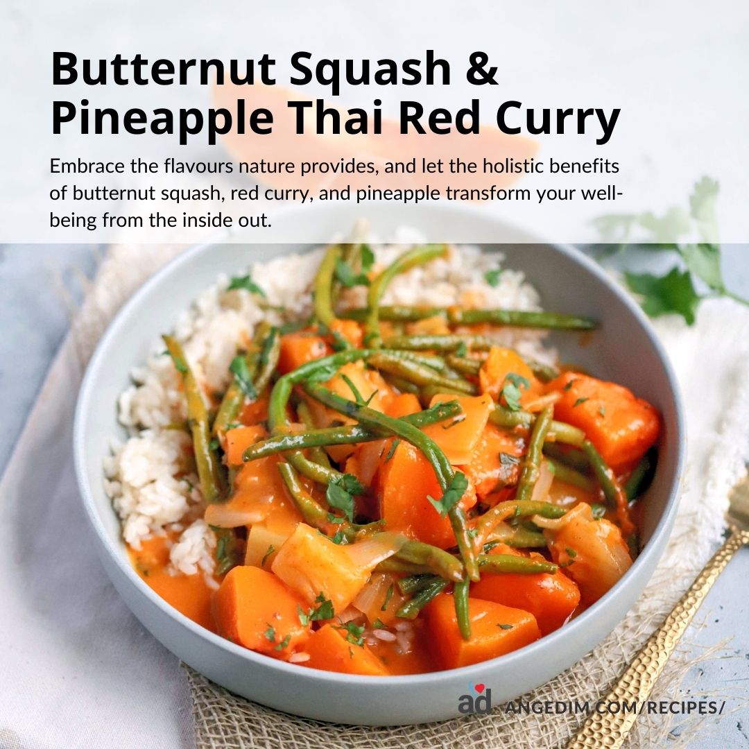 Butternut Squash & Pineapple Thai Red Curry Embrace nature's flavours, and let the holistic benefits of butternut squash, red curry, and pineapple transform your well-being from the inside out. l8r.it/2u6L #blue #thailand #black #thaifood #orange