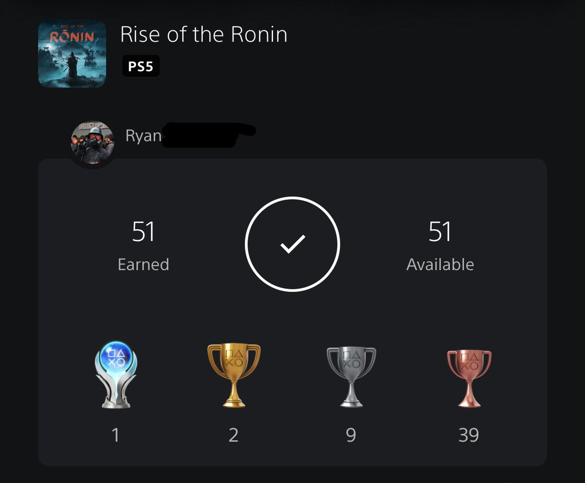 #PS5Share #RiseOfTheRonin 🏆🔥 35 hours - Finish the game organically. 15 hours - Guide to the Platinum. 50 hours - Total. 🙏🏻 I’ll definitely play a sequel! 👀