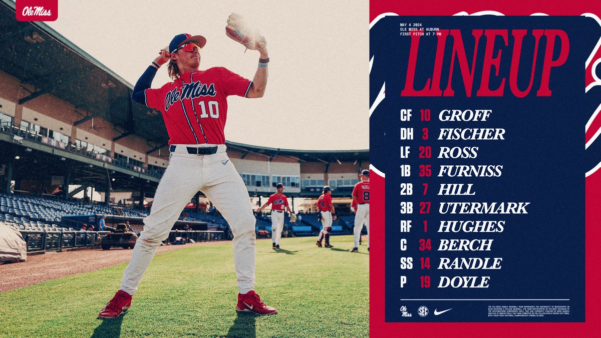 Lineup for game two at Auburn #HottyToddy #RoadREBS