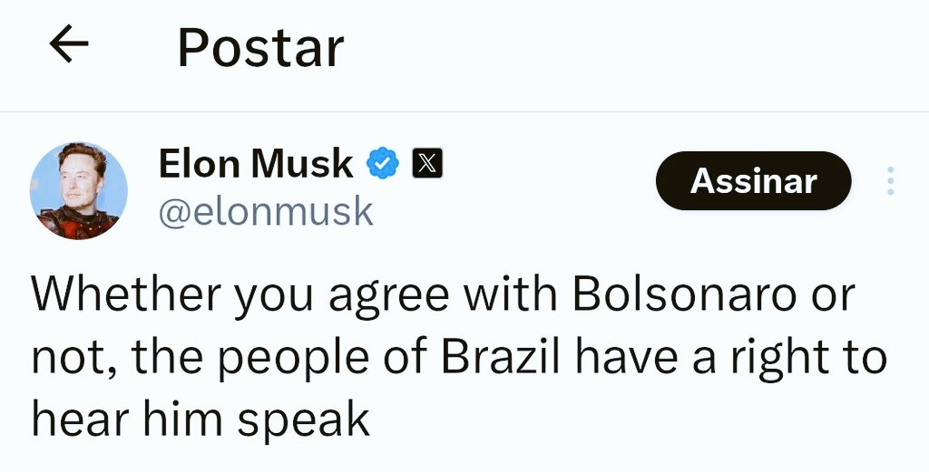 Independente de você concordar ou discordar de @jairbolsonaro, o povo brasileiro tem o direito de ouví-lo falar. @elonmusk