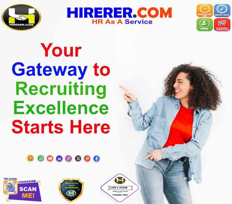 HIRERER.COM, Smart HR Solutions, Savvy Hiring Success

visit services.hirerer.com to know more

#MissionSuccess #AffordableHiring #SMEsupport #BusinessSolutions #HiringExperts #rentahr #outofjob #Hirerer #SmartlyHiring #iHRAssist #SmartlyHR