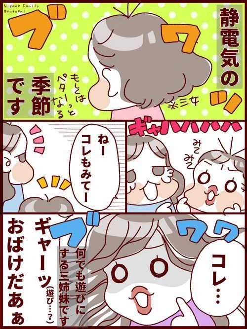 続;冬の風物詩!静電気な三姉妹  #フランダースの三姉妹 #長女 #9歳 #次女 #7歳 #三女 #5歳 #過去記事紹介 元記事↓    最近は髪の毛が太くて長くなったためか静電気は発生しなくなったな…。 育児は意外なものが期間限定やったりするよね。