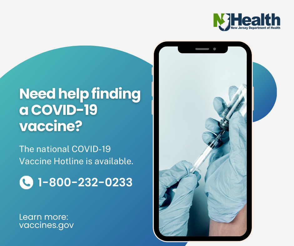 The national COVID-19 Vaccine Hotline is available to anyone who needs it and is available in English, Spanish and other languages! Call 1-800-232-0233 or visit vaccines.gov. #HealthierNJ