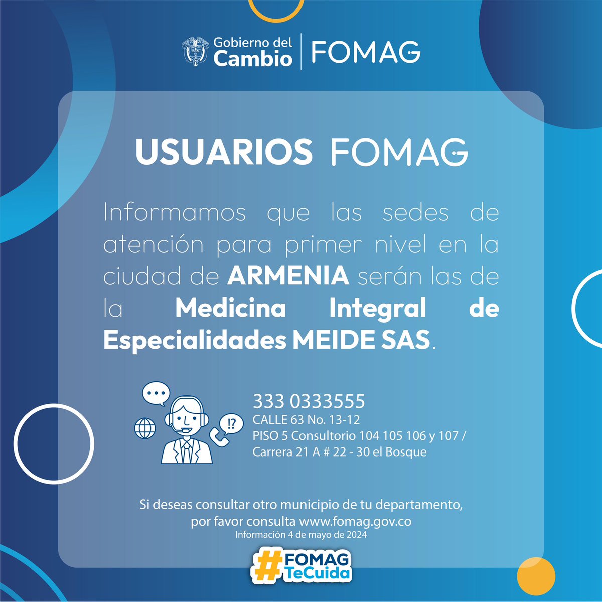 ¡Atención usuarios de FOMAG en Cartagena, Armenia.Ya puedes encontrar tus servicios de primer nivel en las siguiente sedes. Tu salud es nuestra prioridad. #FomagTeCuida