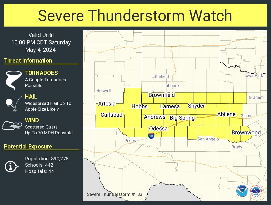 #SevereThunderstormWatch in W #Texas and SE #NewMexico esp #Artesia,#Carlsbad,#Hobbs,#Tatum,#AndrewsTX,#MidlandTX,#OdessaTX,#BigSpring,#Snyder,#Abilene,#Brownwood
#Wxtwitter #SevereWX #Tornado #Hail #Wind #SPC #Wxx #TXwx #NMwx