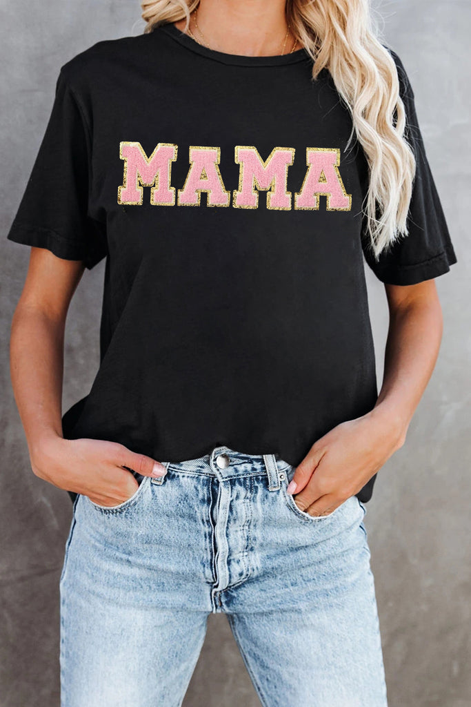 Summer's calling with style! 🌞 Grab the Black MAMA Chenille Graphic Tee for just $44.74. Don't miss out! shortlink.store/eglmtnf8whot #CraftSequin #DayMother's #EDMMonthly #PrintLetter