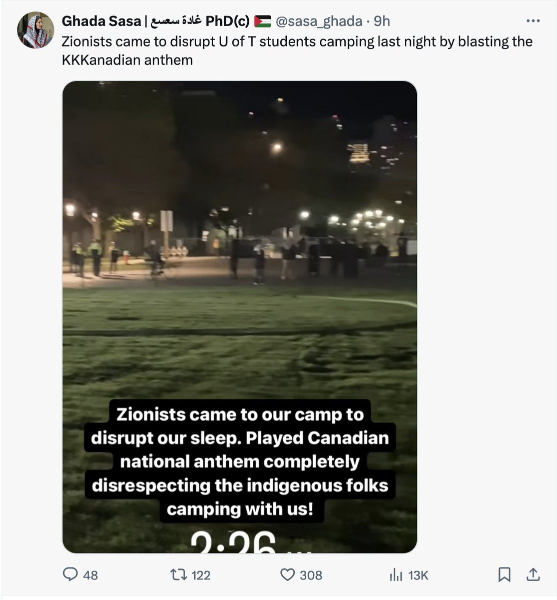 Ghada Sasa refers to O Canada as the 'KKKanadian anthem.' She is the face of the resistance movement in Toronto - and a Phd candidate at @McMasterU. She supports 'armed struggle' against Canada. On October 7, she posted of the massacre, 'What news to wake up to!!!' Followed by…