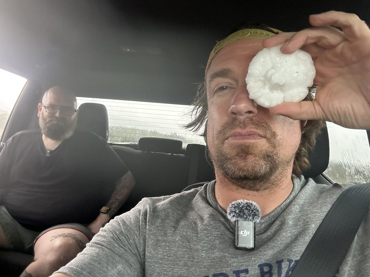 Another gorilla hail stone intercepted while a cone wedge was in progress! This supercell keeps pumping out large tornadoes west of Highway 285! @EdgarONealWX