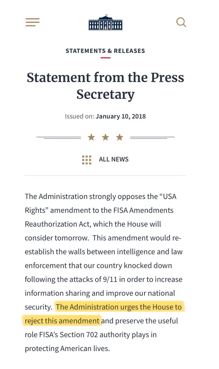No one in Congress took a stronger stand against FISA and its abuses than I did. In fact, I’m the only member of Congress in history to draw a veto threat against his proposed amendment to rein in FISA from two presidents of different parties: Barack Obama and Donald Trump.