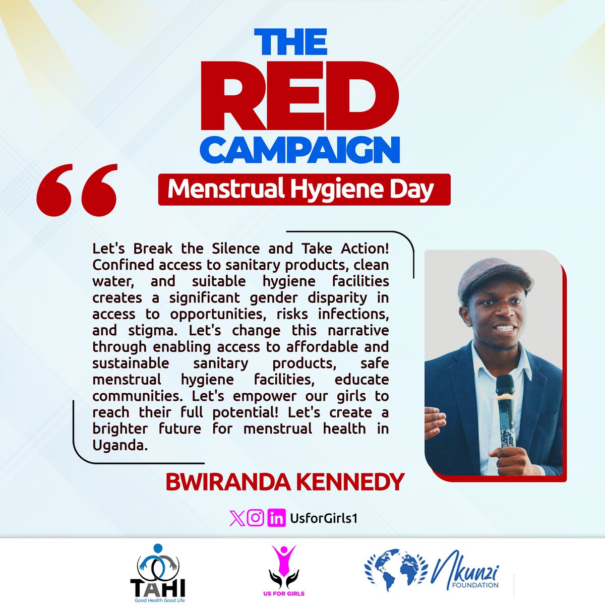 #RedCampaign

We agree with @BwirandaKen
Period poverty creates a gender disparity in girl's access to opportunities, risks infections and increases school dropout.

Let us BREAK THE SILENCE and TAKE ACTION!
Let us help our girls reach their fullest potential.

#EndPeriodPoverty