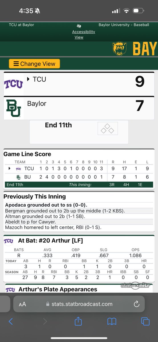 Horned Frogs can beat Bears in a fight!!! Series win @TCU_Baseball and now going for the sweep!! #FrogBallUSA