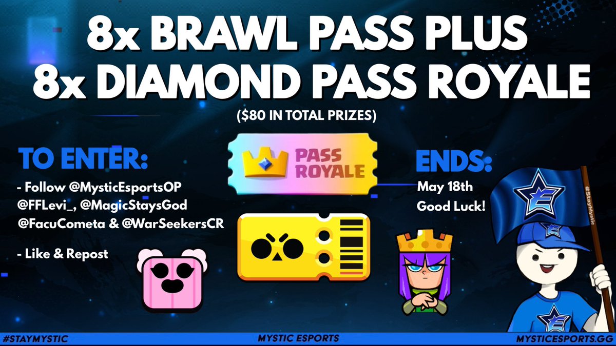 MysticEsportsOP's tweet image. 🎁 GIVEAWAY 🎁

⭐️ 8x BRAWL PASS PLUS
💎 8x DIAMOND PASS
💎 8x $10 PayPal

How to Enter:
▫️Follow ❗️
@MysticEsportsOP
@FFlevi_ 
@MagicStaysGod 
@FacuCometa
@WarSeekersCR 
▫️❤️&amp;amp;♻️

Only 1 reward out of 3 ✨

🔥Giveaway Ends on May 18th 🔥
#StayMystic #UrbanNinjaTaraGiveaway