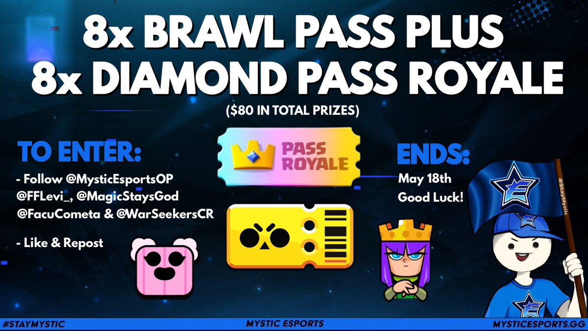 🎁 GIVEAWAY 🎁 ⭐️ 8x BRAWL PASS PLUS 💎 8x DIAMOND PASS 💎 8x $10 PayPal How to Enter: ▫️Follow ❗️ @MysticEsportsOP @FFlevi_ @MagicStaysGod @FacuCometa @WarSeekersCR ▫️❤️&♻️ Only 1 reward out of 3 ✨ 🔥Giveaway Ends on May 18th 🔥 #SeekVictory #UrbanNinjaTaraGiveaway