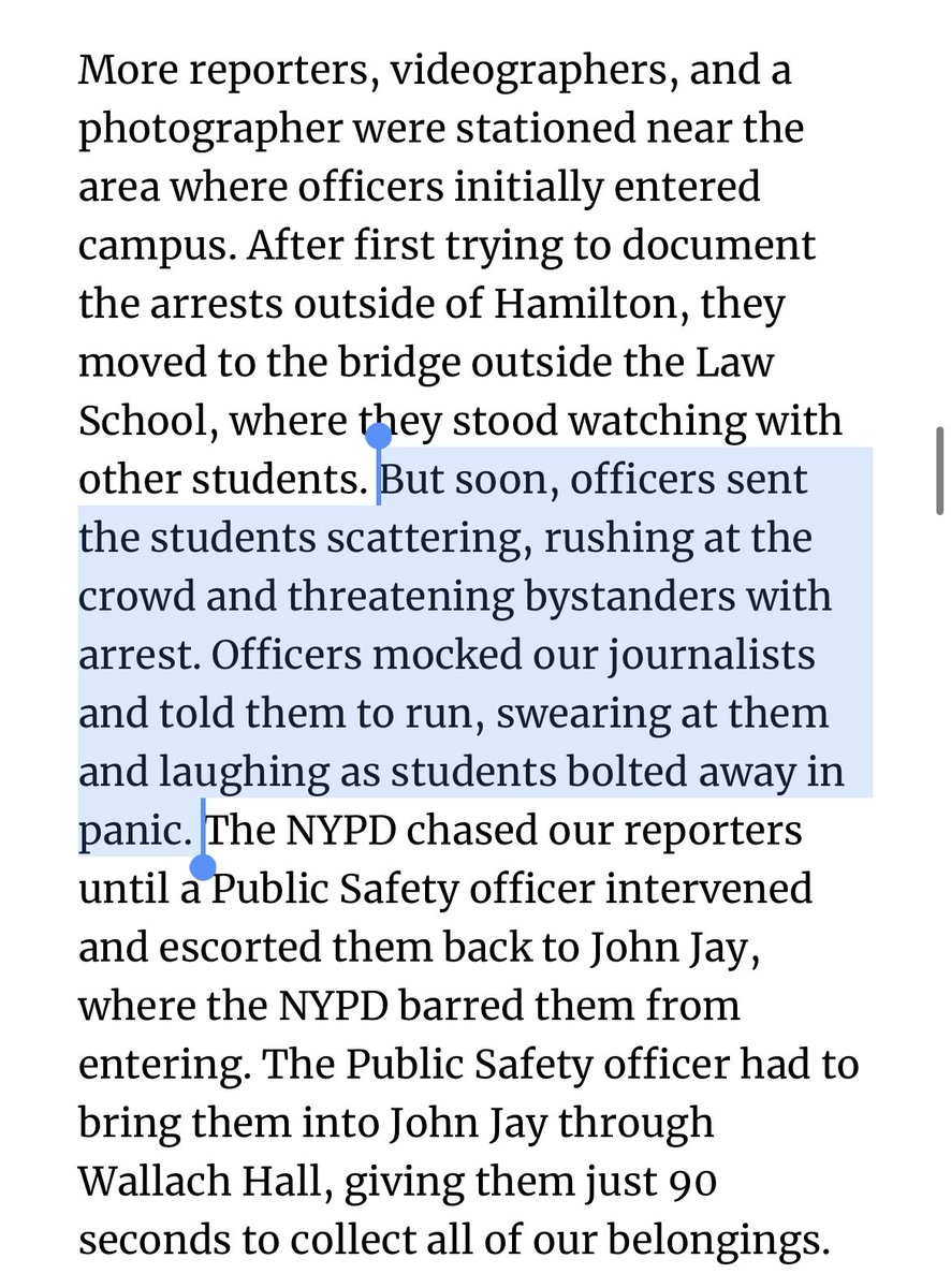 One of the many experiences of me and my fellow @ColumbiaSpec reporters when hundreds of NYPD officers swept Columbia’s campus on Tuesday night. columbiaspectator.com/opinion/2024/0…
