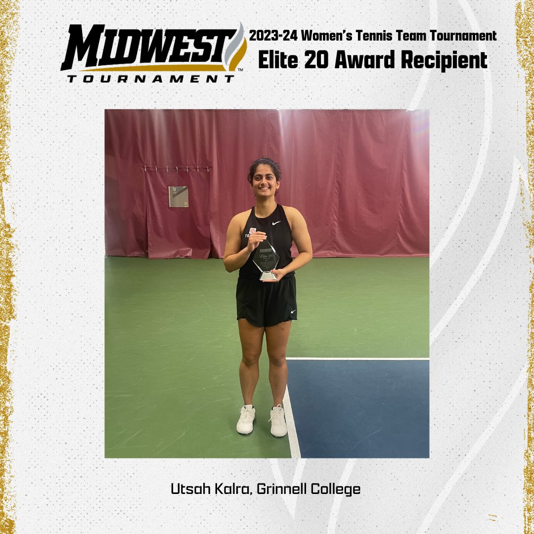 Congratulations to Utsah Kalra of Grinnell College! For the second year in a row, Utsah is the MWC Women's Tennis Elite 20 Award recipient as presented to the student-athlete competing in the tournament with the highest cumulative grade-point average. @gcpioneers