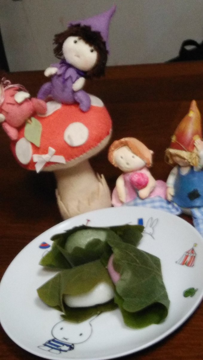 @yukawareiko 
子供の日ですね。
3色柏餅と、母と私の手作り人形です。