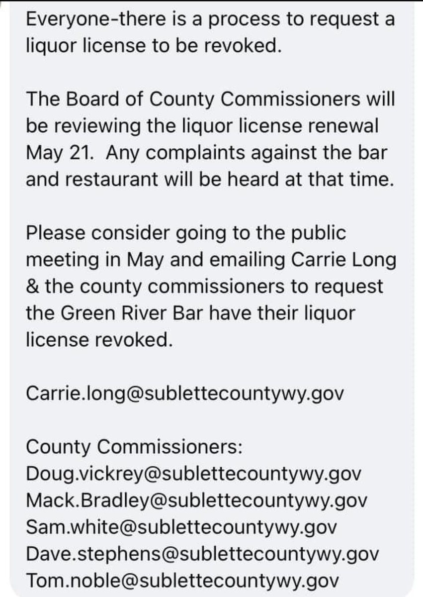 The #GreenRiverBar in #DanielWyoming, the location that enabled the #WolfTorture perpetrated by #CodyRoberts & other guests, has its liquor license up for review on May 21st. 

If you can attend to prevent it, please do. Otherwise, you can email the license board with complaints.