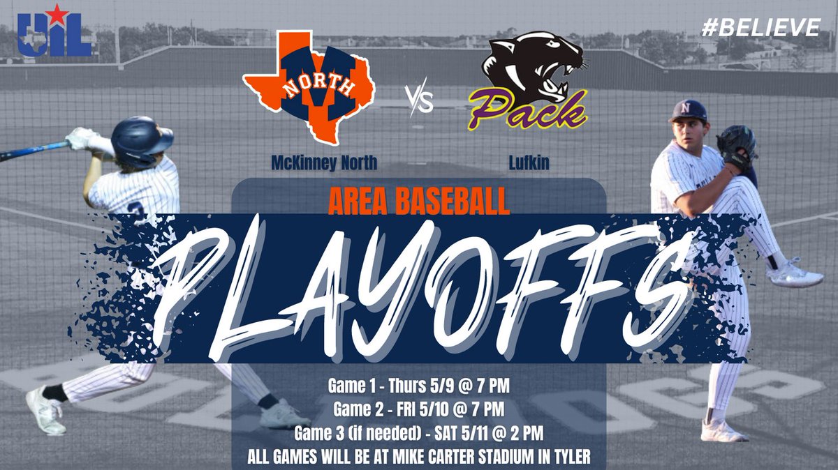 So proud of our boys for advancing to the Area round of the playoffs! We will be facing Lufkin at Mike Carter stadium next weekend in a best of 3 series. Thursday (7PM), Friday (7PM), and Saturday (2PM) if needed.