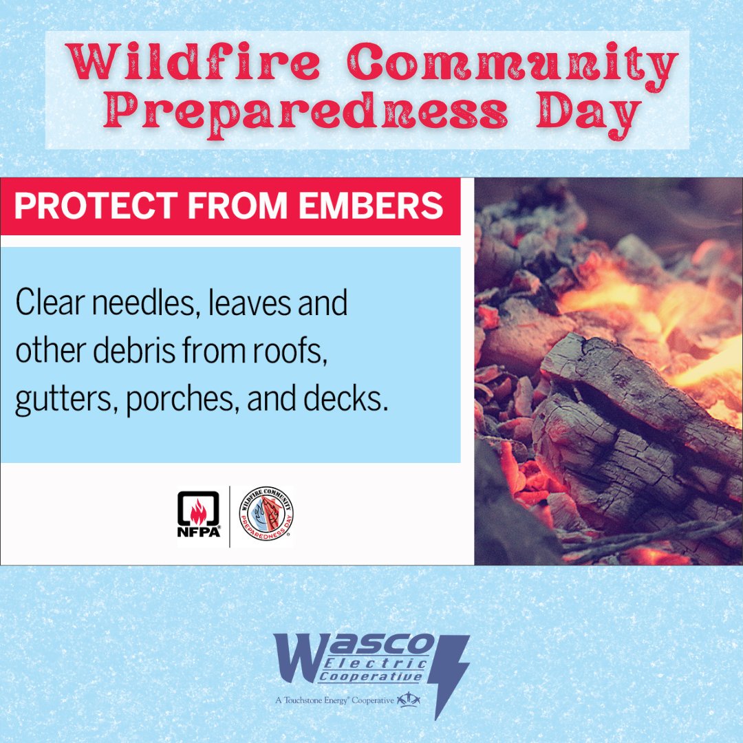 It's Wildfire Community Preparedness Day!  Learn how to protect your home during wildfire season.

For more information visit: nfpa.org/education-and-…

Source: NFPA 

#wildfirecommunitypreparednessday #prepday #wascoelectriccooperative
